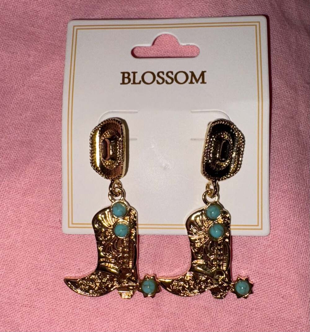 Blossom Cowboy Boot and Hat Turquoise Inlay Drop Earrings